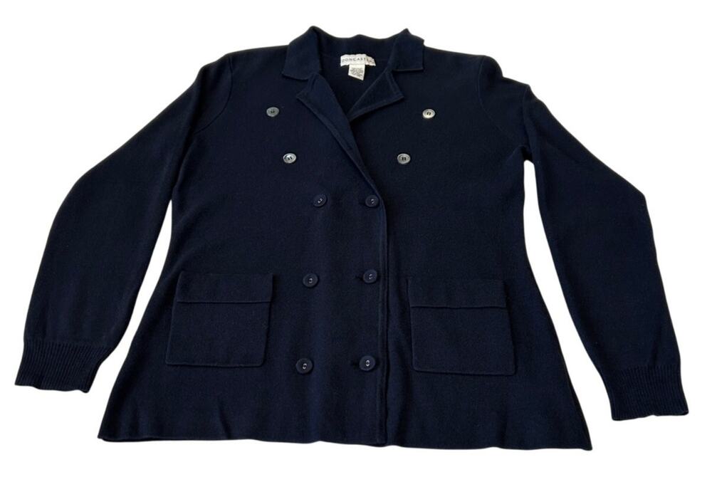 Doncaster Women's Silk Blend Knit Cardigan Jacket Sz L Navy Collared Pockets